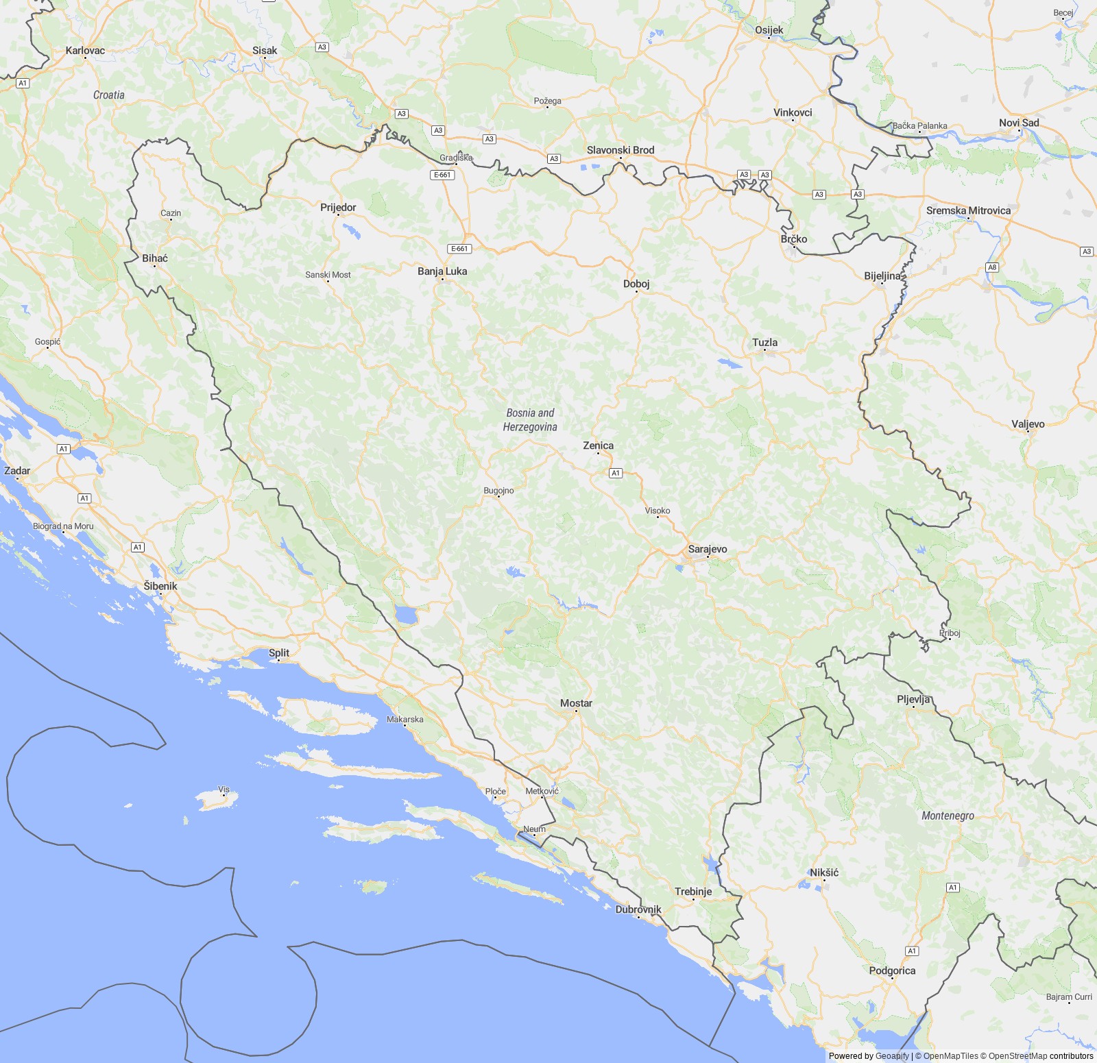 Detailed map of Bosnia and Herzegovina