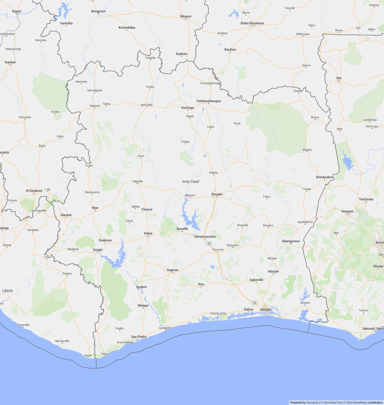 Detailed map of Cote d'Ivoire